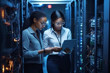 No connection issues for two attractive female programmers working in server room. Photo generative AI