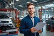 © pixardi - Male engineer with tablet at car plant. Confident professional in uniform by control panel. Photo generative AI