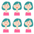 ピンクのカットソーの女性の表情6種類　上半身
