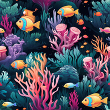 Seamless Pattern Underwater Life, Featuring A Coral Reef Teeming With Colorful Fish And Marine Creatures, Set Against The Backdrop Of Crystal 