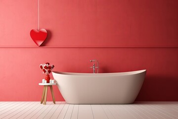 Wall Mural - Valentine's day in bathroom with bathtub on empty red wall, Generative AI 