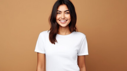 Wall Mural - Smile Young Woman fit in Frame wearing bella canvas white shirt mockup,  isolated color background