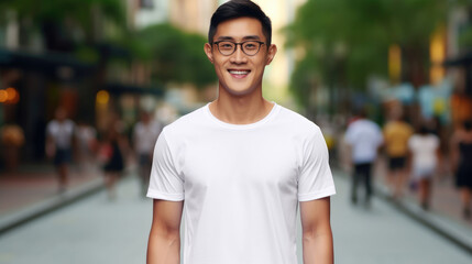 Wall Mural - Smile Asian man fit in Frame wearing bella canvas white shirt mockup,  isolated color background