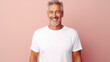 Smile Senior man fit in Frame wearing bella canvas white shirt mockup,  isolated color background