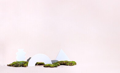 Poster - Organic products display modern style. white concrete geometric pedestal with green moss on pastel background for cosmetic products