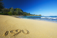 I Love You Written In The Sand On Tunnels Beach; Kauai, Hawaii, United States Of America