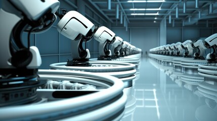 Poster - Production line with robotic arms, Robotic arm in futuristic assembly manufacturing factory.