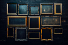 Many Empty Gold Picture Frames In Different Sizes Hanging On A Vintage Wall, Blank Frame Background