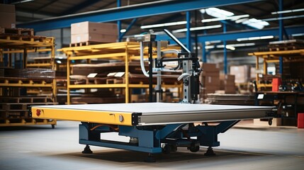 Poster - A small and a medium sized hydraulic lift table being used in a warehouse.