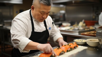 Poster - A sushi chef expertly rolling a dragon roll with precision at restaurant.