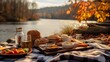 A serene autumn picnic scene by a tranquil lake, showcasing a spread of fresh food and drinks on a checkered blanket, with fall foliage in the backdrop.