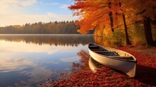 The Lake, Calm And Reflective, Captures The Essence Of The Sky, While A Wooden Boat Floats Gently, Embodying The Serenity Of The Season. 