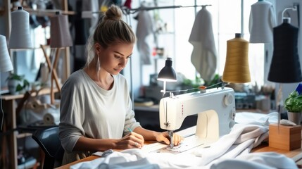 Wall Mural - Female fashion designer using sewing machine in workshop