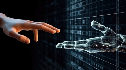 Leinwandbilder - Artificial Intelligence technology digital twin driven smart concept, Hands of Robot and Human Touching together through computer monitor screen in dark background.