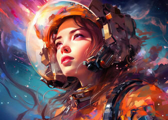 a woman wearing a space suit in a painting