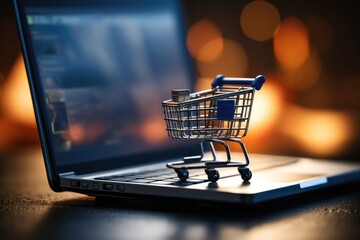 online shopping concept with miniature shopping cart standing on laptop.