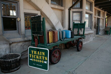 Cart Loaded With Suitcases At A Train Station; French Lick, Indiana, United States Of America