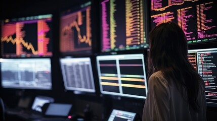 Poster - Businesswoman checking stock market in downtown financial district, Financial graph chart global recession bump dump risk management.