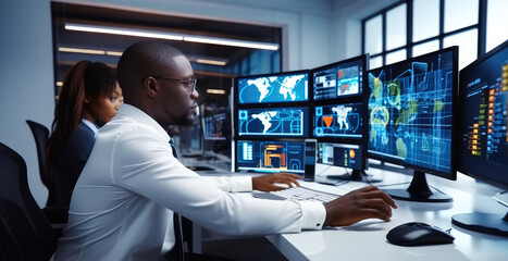 Poster - African Financial Data Analysts Using Dashboard On Screens With Graphs And Charts In Office.