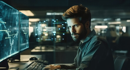 Fototapete - Male system security specialist working on computer at system control center.