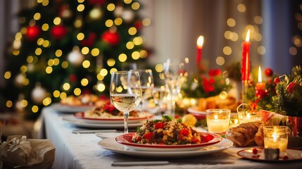 Elegant theme table setting for Christmas and New year dinner, Generative ai