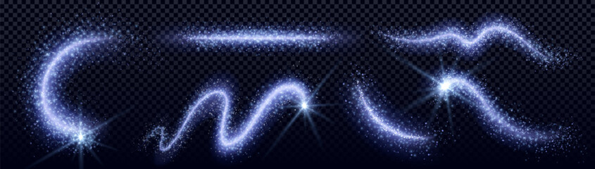 Poster - White magic energy swirls isolated on transparent background. Vector realistic illustration of fresh wind vortex, abstract neon curves with bright shining particles, speed effect, cool air flow