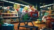 © somchai20162516 - Shopping cart full of food and drinks and supermarket shelves behind grocery shopping concept.