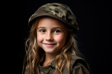 Wall Mural - Portrait of a little girl in a military uniform. Studio shot.