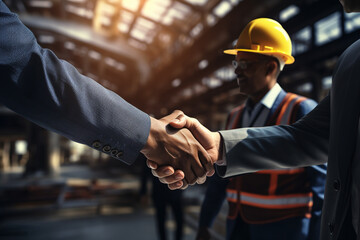 Two professionals, an engineer and a businessman, firmly shake hands at a bustling construction site. Generated with AI