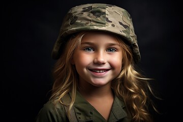 Wall Mural - Portrait of a beautiful little girl in a military uniform on a dark background