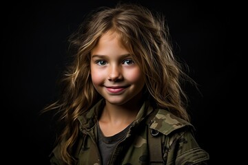 Wall Mural - Portrait of a beautiful little girl in a military uniform on a dark background