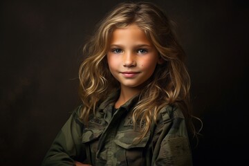 Portrait of a beautiful little girl in a military uniform on a dark background