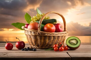 Sticker - Nature's Bounty: A Wholesome Basket of Fresh Fruits and Vegetables






