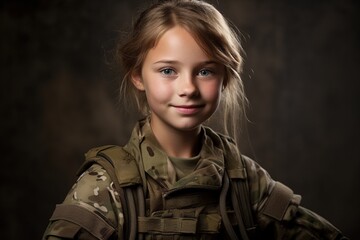 Wall Mural - Portrait of a beautiful little girl in a military uniform on a dark background