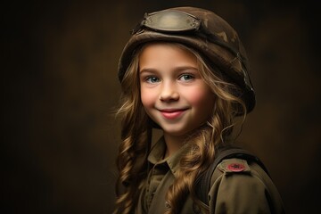 Wall Mural - Portrait of a beautiful little girl in a military uniform on a dark background