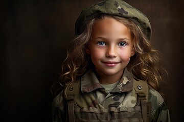 Wall Mural - Portrait of a beautiful little girl in a military uniform on a dark background