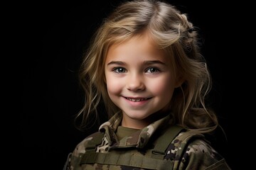 Wall Mural - Portrait of a beautiful little girl in a military uniform on a dark background