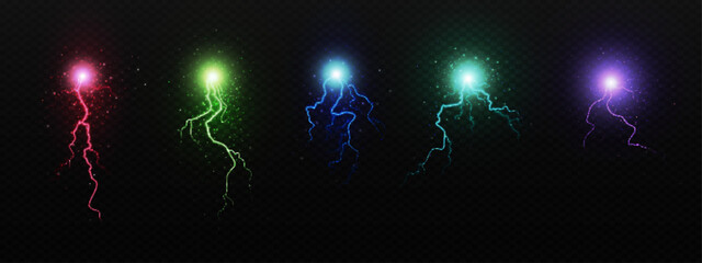 Poster - Color lightning bolts set isolated on transparent background. Vector realistic illustration of magic energy strike, electric discharge, thunderbolt flash, crack in sky, fantasy storm design elements