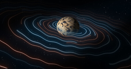 Wall Mural - abstract space planet with a round asteroid belt ring futuristic hi-tech on the background of stars 
