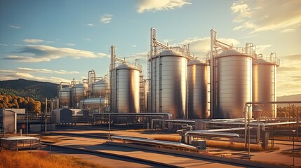 A sunset evening sky over large storage tanks and silos used for storing raw materials in an industrial facility