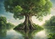 © Cyrsiam - Magnificent giant tree with many visible roots and branches with green foliage, concept of life and nature, symbol of life on earth, breathing of nature, source of life