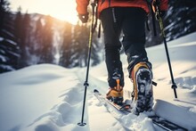 Mountaineer Backcountry Ski Walking In The Mountains. Adventure Winter Extreme Sport. Detail Boots. Ai Generative