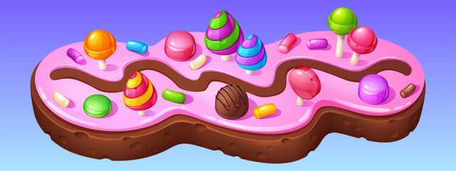 Poster - Candy game ui level road map with sweets cartoon background. Chocolate childish track path for achievement with lollipop adventure template. Pink online vector interface fantasy world environment