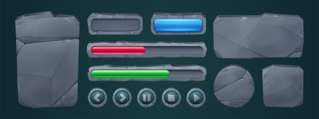 Poster - Set of stone game ui frames and buttons isolated on background. Vector cartoon illustration of rectangular and round menu boards, play, stop, pause icons, red and green progress bars, rock texture
