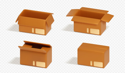 3d empty cardboard parcel for delivery vector icon. Realistic open brown carton package set. Closed shipping cargo to send. Isometric deliver product container with export label mockup illustration