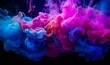 Color explosion. Fluorescent background. Paint in water. Vibrant smoke cloud texture. Glowing neon blue magenta pink steam splash on dark, Generative AI