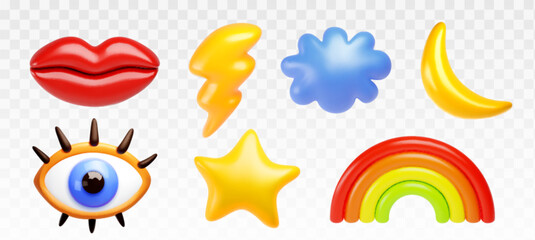 Poster - 3d memphis liquid kid element eye and rainbow abstract shape. Y2k fluid graphic art isolated icon set. Puffy 90s plastic and inflated style minimal design glossy collection for vintage birthday party