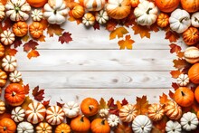 Autumn Top Border Of Orange, White And Striped Pumpkins On A White Wood Background. Top View With Copy Space