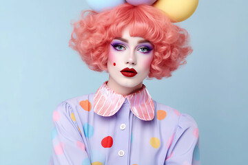 Wall Mural - Woman with pink hair  dressed up with pastel colored clown costume on blue background