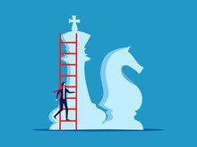Business Strategy. Businessman Climbs Stairs On Chess Pieces. Vector